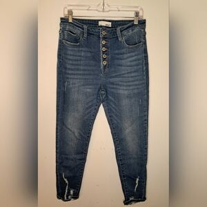 Vervet Women's High Rise Distressed Hem Button Fly Ankle Length Skinny Jeans